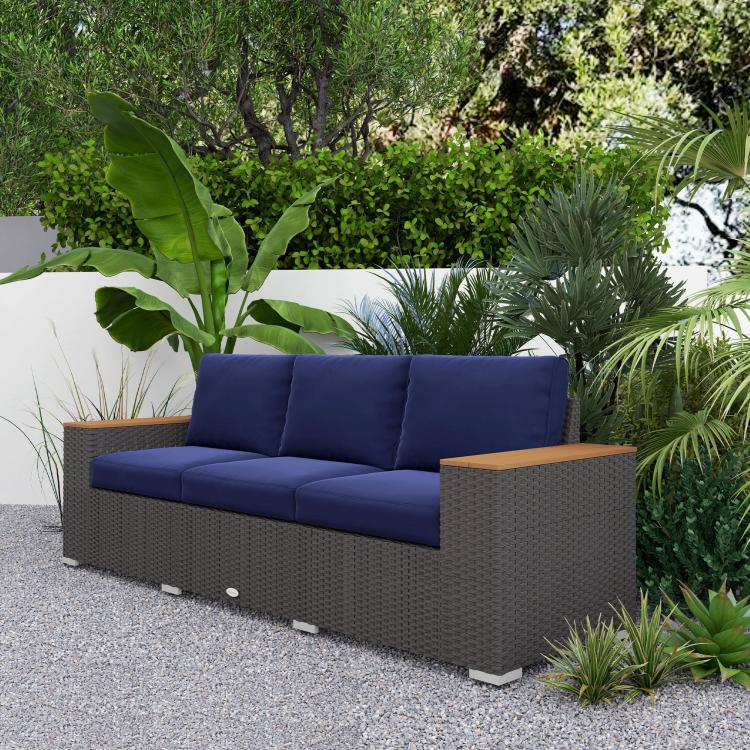 3-seat patio sofa with navy cushions and dark gray wicker frame, wood armrest panels