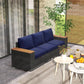 3-seat outdoor sofa with navy cushions, dark gray wicker body, wood-look armrests