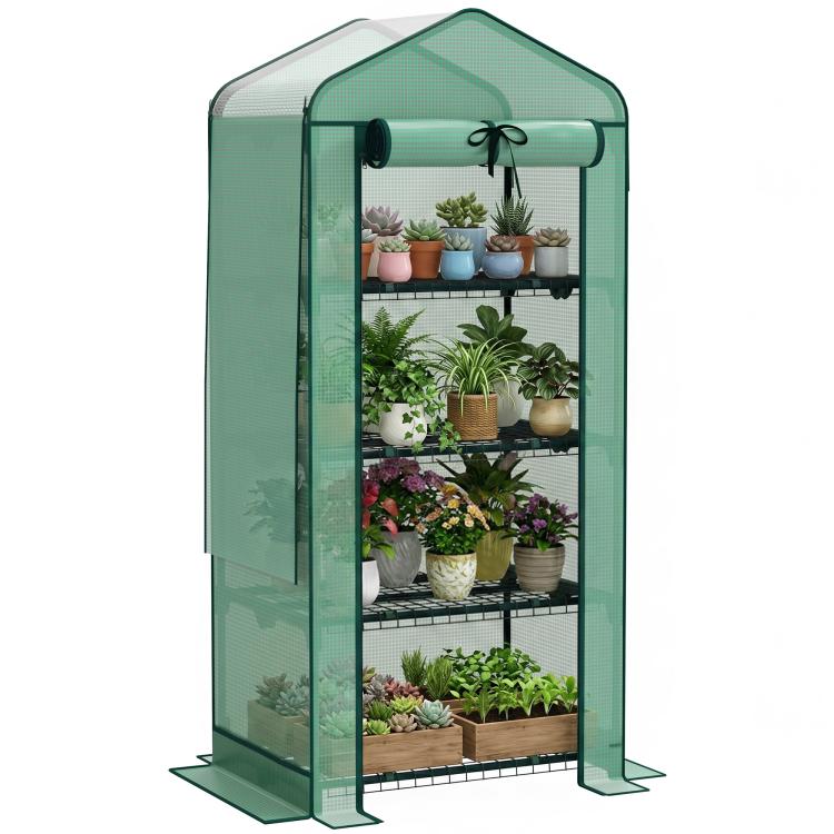 Green mini greenhouse with PE cover, front opening, and four-tier wire shelf display
