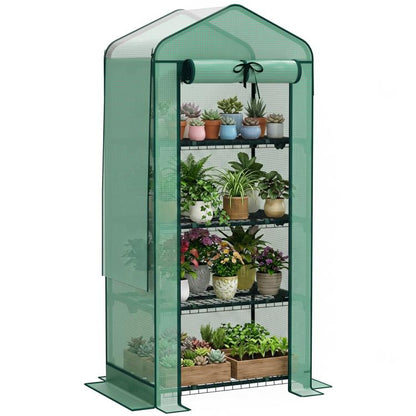 Green mini greenhouse with PE cover, front opening, and four-tier wire shelf display