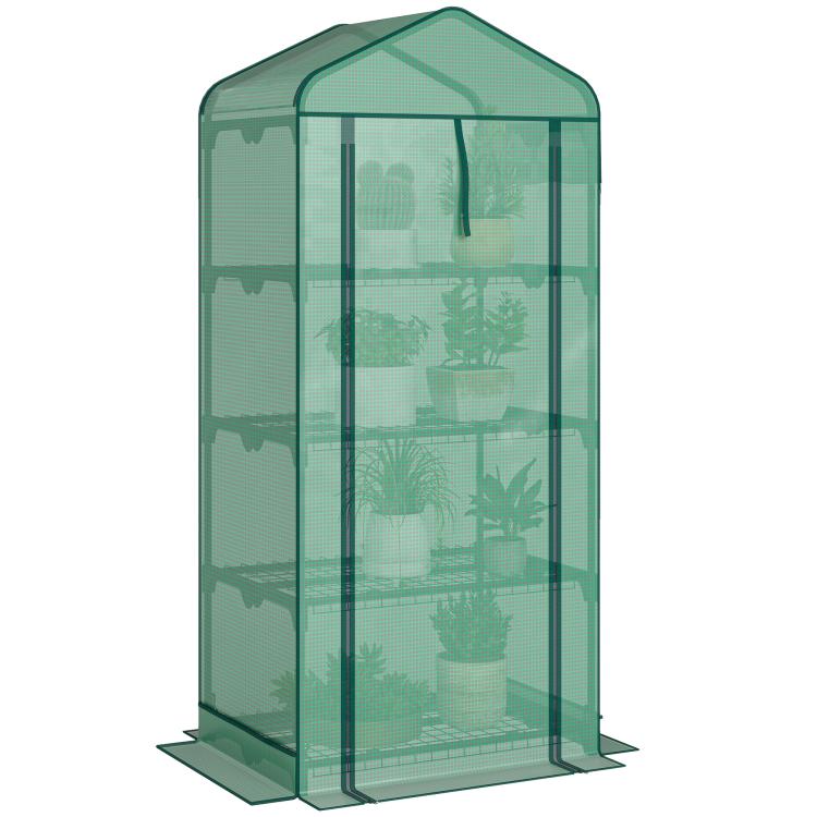 Green portable mini greenhouse with transparent PE cover and standing frame, side view