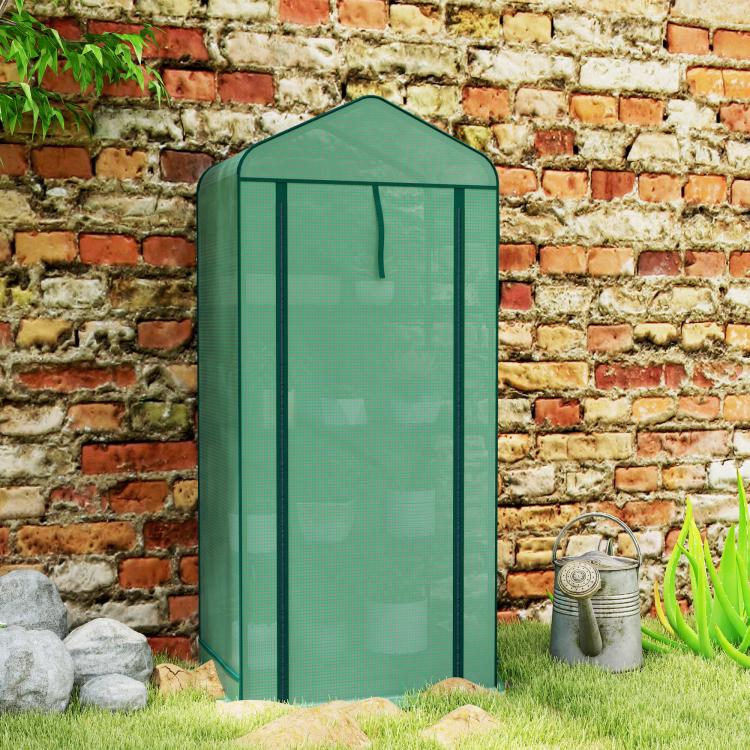 Mini greenhouse with green screen cover, peaked roof and front door