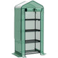 Mini greenhouse with green screen roof, open front showing 3 tier shelves