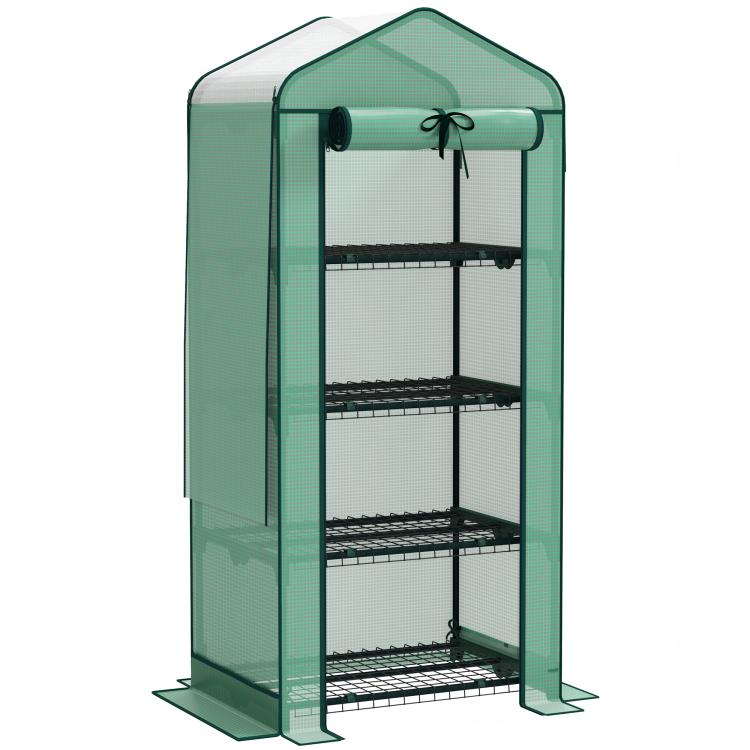 Mini greenhouse with green screen roof, open front showing 3 tier shelves
