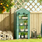 Green mini greenhouse on patio with transparent cover and four-tier plant shelving
