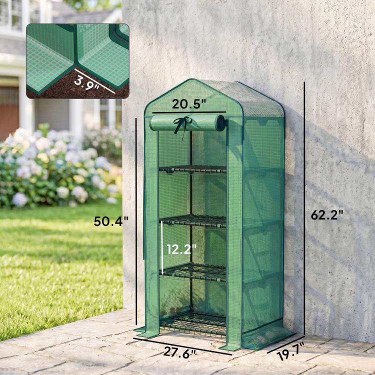 Green compact mini greenhouse with transparent PE cover, open front, and four tiers