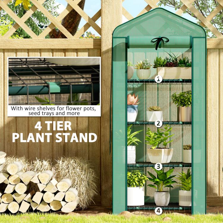 Green 4-tier mini plant greenhouse with wire shelves and transparent PE front