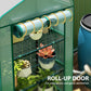 Green greenhouse with roll-up door mechanism and transparent PE cover, close-up
