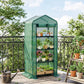 Green mini greenhouse with transparent PE cover and four-tier shelf display on terrace