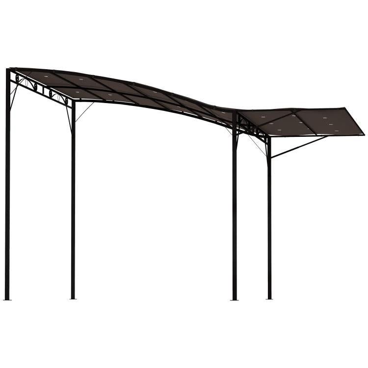 Brown metal outdoor pergola gazebo with retractable canopy, open side view
