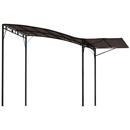 Brown metal outdoor pergola gazebo with retractable canopy, open side view