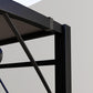 Outdoor pergola gazebo corner with dark metal posts and roof cross beams
