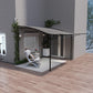 Outdoor gazebo with dark metal frame and brown retractable canopy over patio area