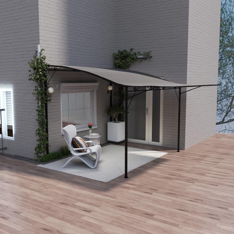 Outdoor gazebo with dark metal frame and brown retractable canopy over patio area