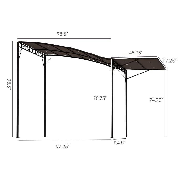 Pergola gazebo dimensions diagram with dark frame and canopy measurements