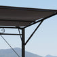 Retractable canopy support arm and canopy fabric edge on dark pergola frame