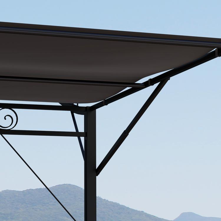 Retractable canopy support arm and canopy fabric edge on dark pergola frame