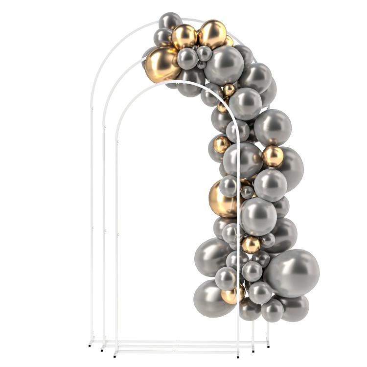 White metal backdrop arch frame with gray and gold balloon cluster decoration