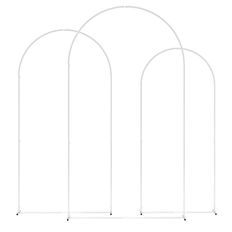 Three white metal arch backdrop frames on freestanding legs