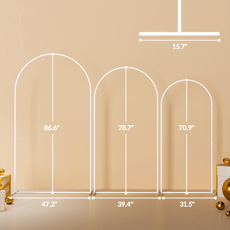 White metal arch backdrop stand set with measured height spacing diagram