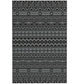 Outdoor rug panel with repeating black and gray geometric bands and motifs