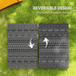 Reversible outdoor rug showing two black and gray geometric sides side by side