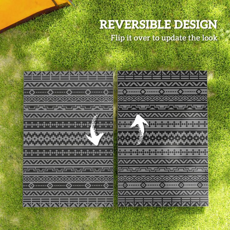 Reversible outdoor rug showing two black and gray geometric sides side by side