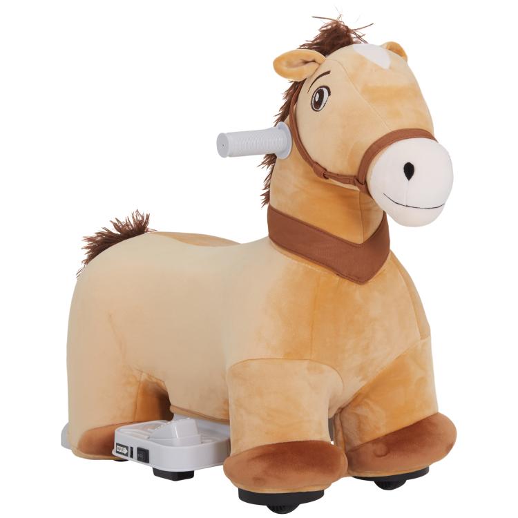 Plush battery ride-on pony horse with white hand grip and brown saddle, light tan