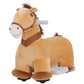 Plush ride-on pony horse, light tan with brown bridle and saddle; front control base visible