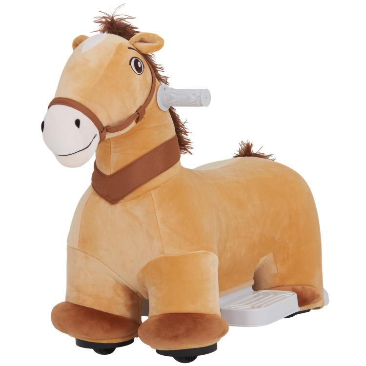 Plush ride-on pony horse, light tan with brown bridle and saddle; front control base visible