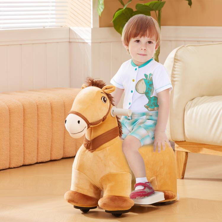 Plush ride-on pony horse with brown saddle and white hand grip; child standing on it