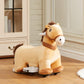 Plush battery ride-on pony horse with white hand grip, light tan body and brown details