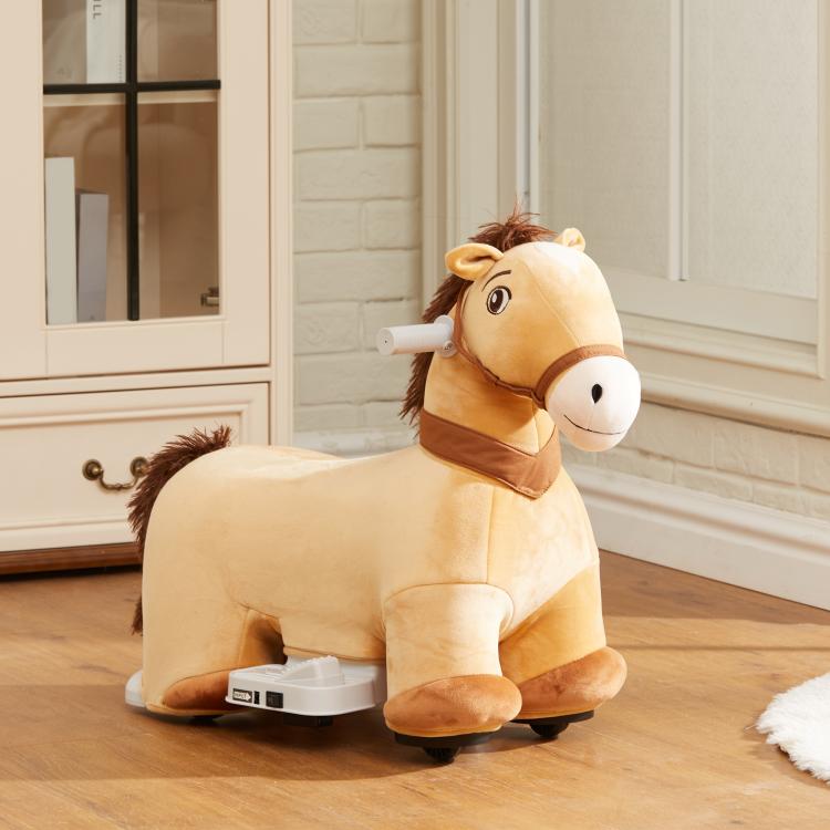Plush battery ride-on pony horse with white hand grip, light tan body and brown details
