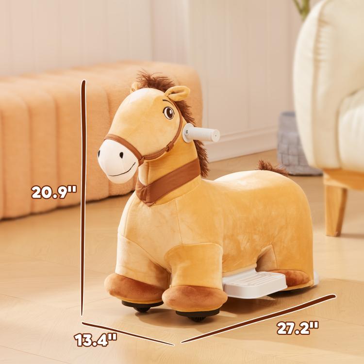 Plush ride-on pony horse with brown saddle and white hand grip; size indicators shown
