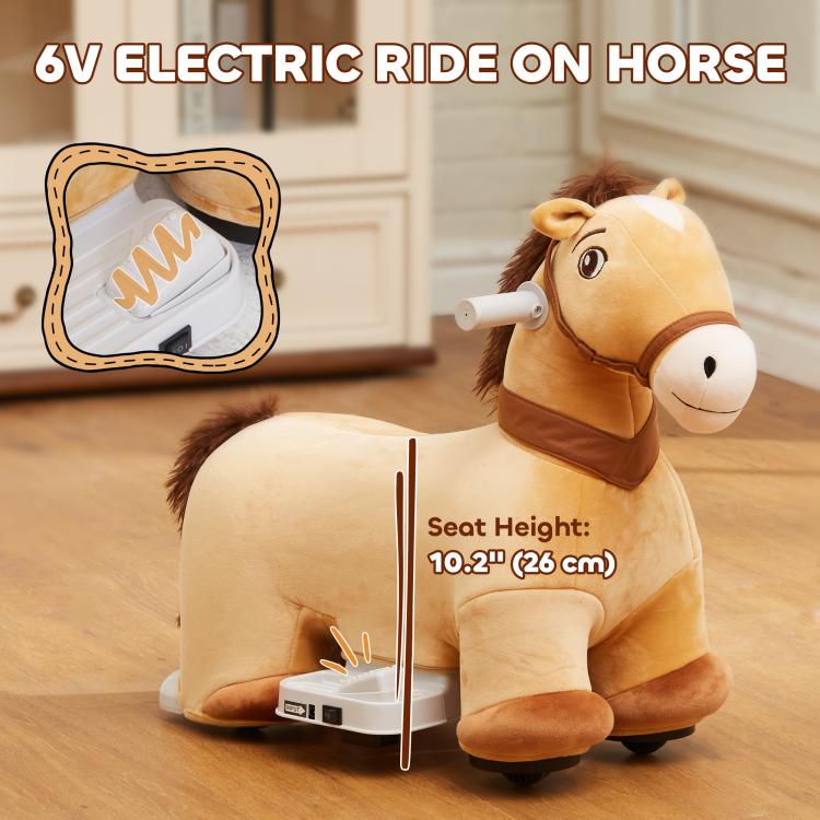Plush 6V ride-on pony horse with white hand grip and front power unit