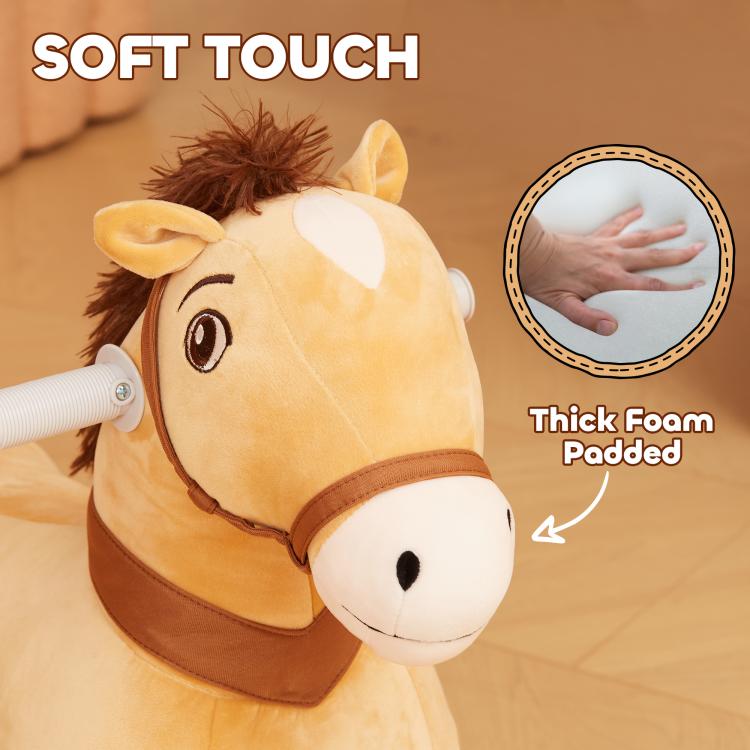 Plush pony head and saddle with thick padded seat and brown bridle; white muzzle