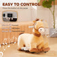Plush ride-on pony horse with front control panel and pedal, light tan and brown