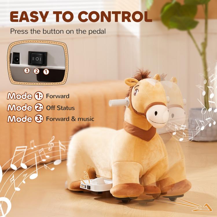 Plush ride-on pony horse with front control panel and pedal, light tan and brown