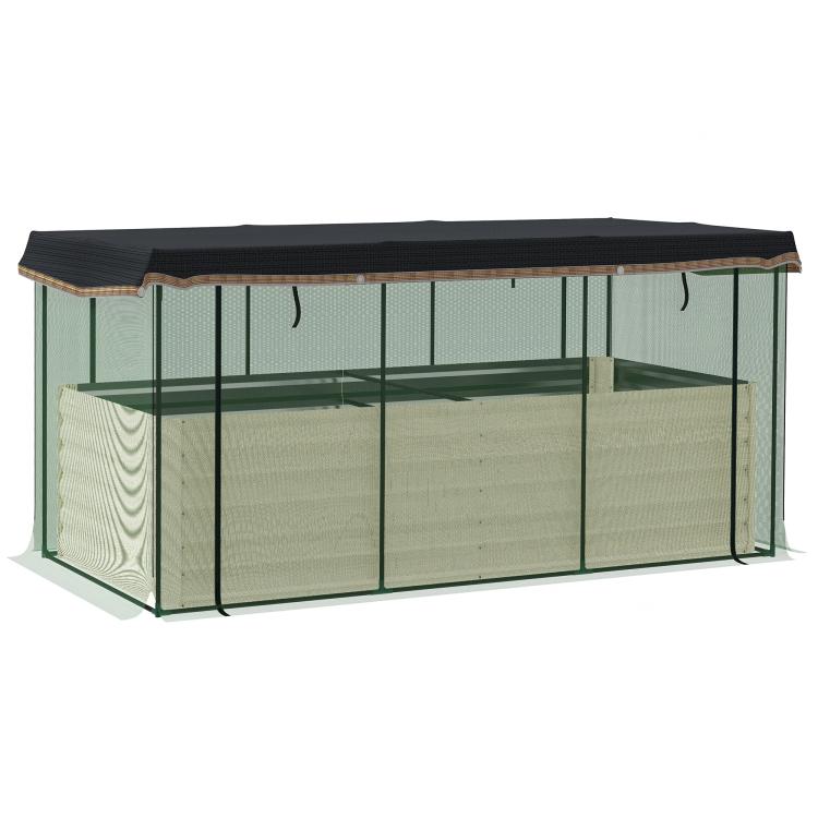 Galvanized steel planter box with crop cage and beige raised bed panels, mesh sides
