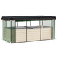 Raised garden bed with crop cage and shade cloth, green frame and beige panels