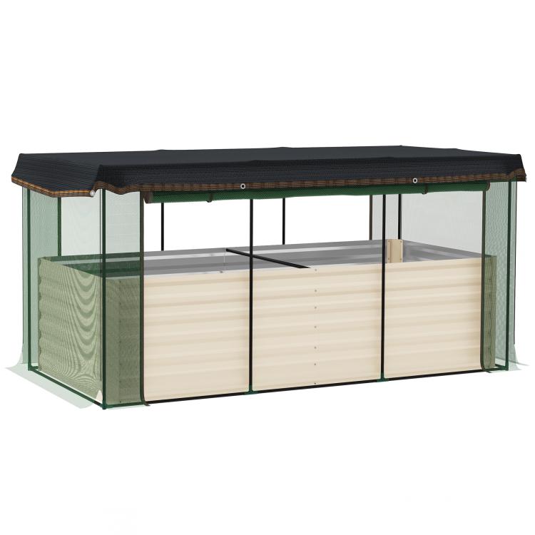 Raised garden bed with crop cage and shade cloth, green frame and beige panels