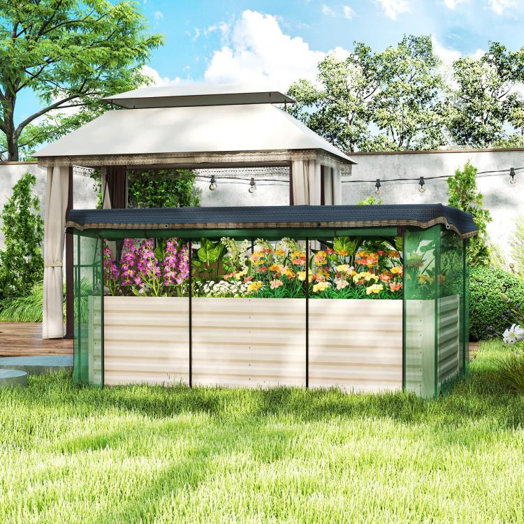 Galvanized steel raised garden planter with crop cage, filled with flowers under shade cloth