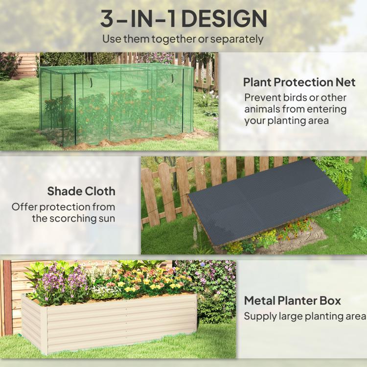 3-in-1 planter box system: metal bed, plant protection net, and shade cloth