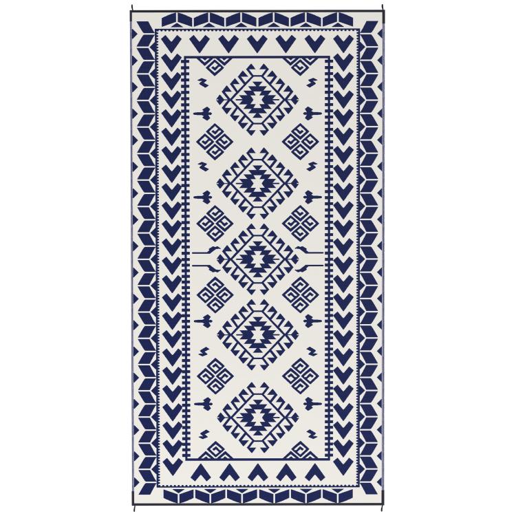 Blue-and-white geometric outdoor rug panel with diamond and border motifs