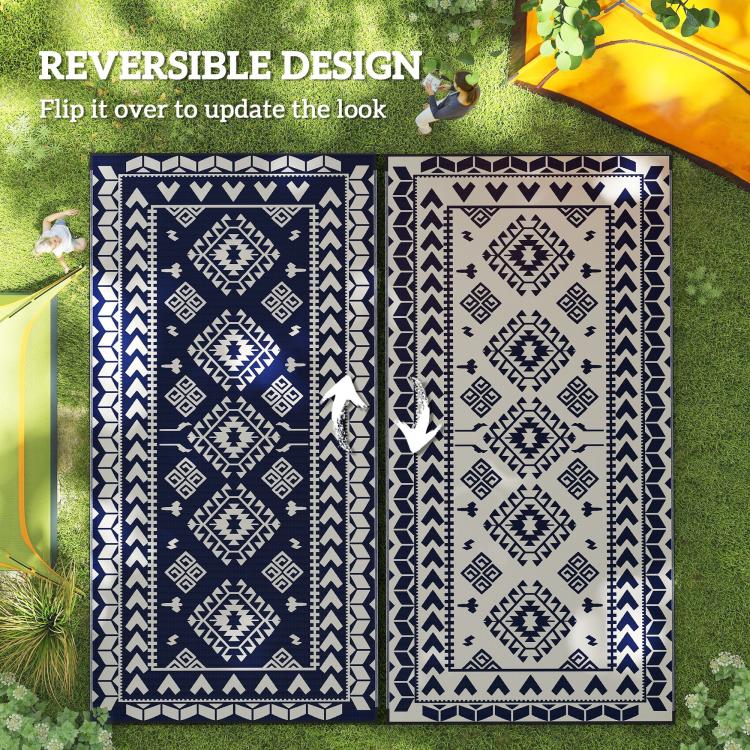 Reversible outdoor rug showing dark blue and light blue geometric sides