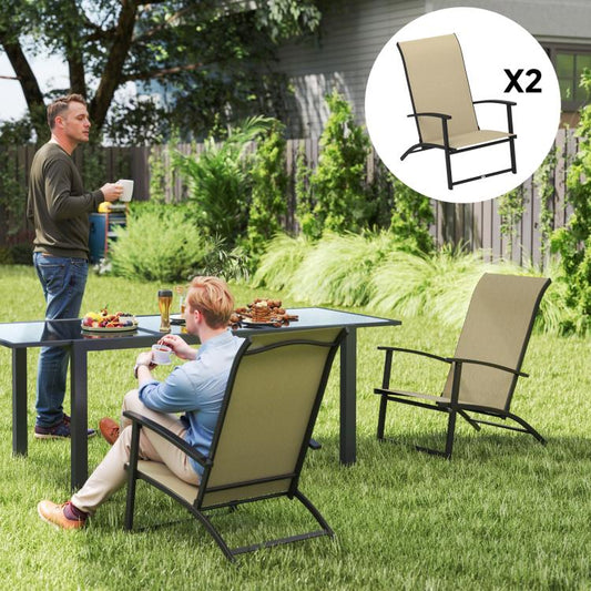 Set of 2 beige high-back folding patio chairs with armrests and black steel frame
