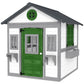 White wooden kids playhouse with green door and side window panels, gray shingled roof