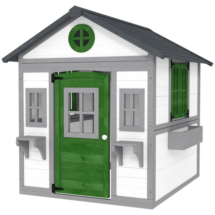 White wooden kids playhouse with green door and side window panels, gray shingled roof