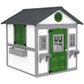Wooden playhouse with white walls, green door, windows, and black roof overhang