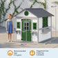 White wooden kids playhouse with green door and built-in windows, shown with size guide